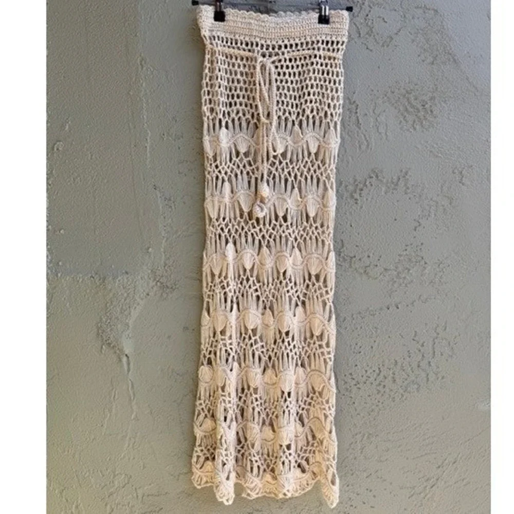 Womens Cream Crochet Maxi Skirt SMALL Swim Boho Beach Resortwear Festival - Picture 2 of 5